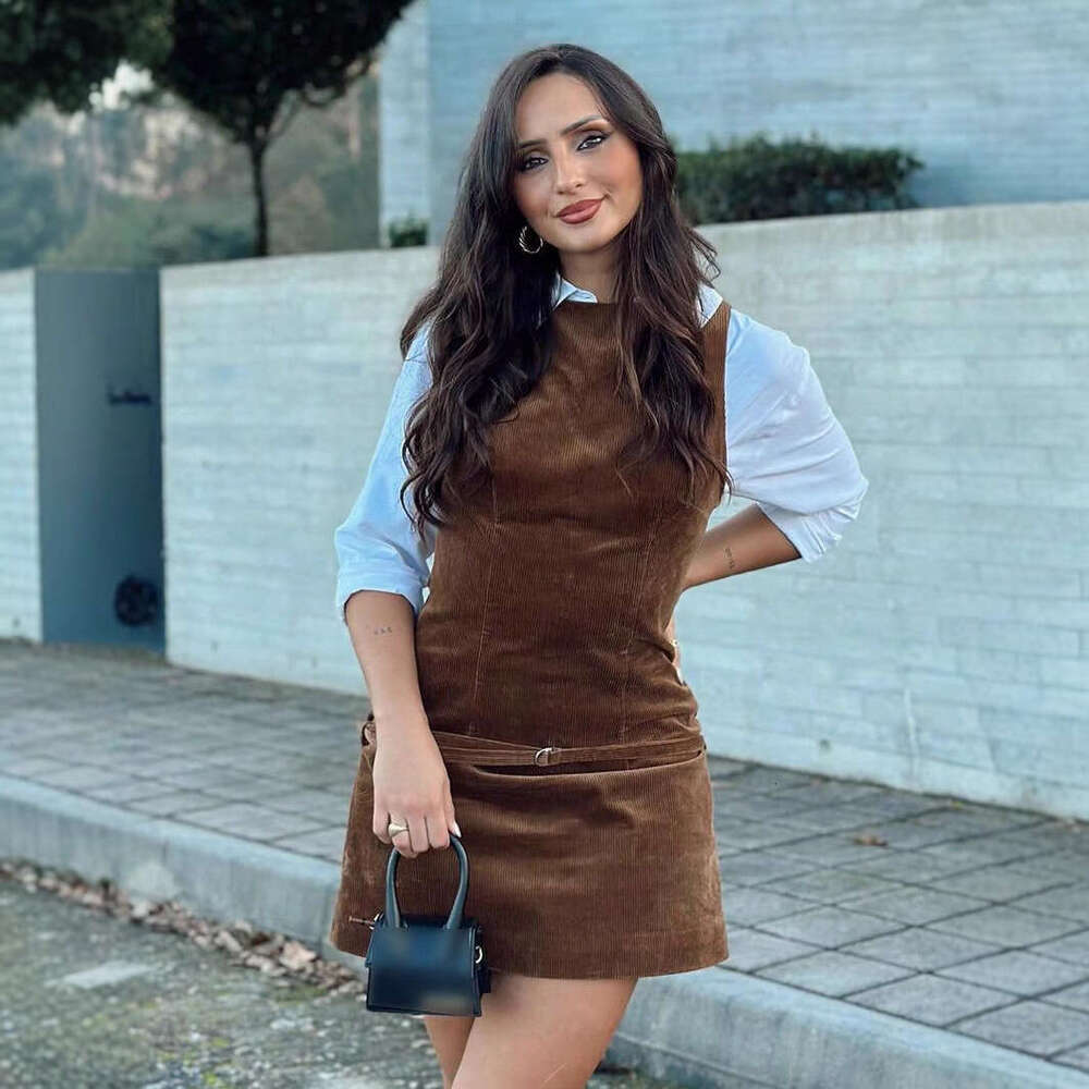 TRAFZA Spring And Autumn New Women's Fashion Hot Girl Belted Corduroy Dress B5