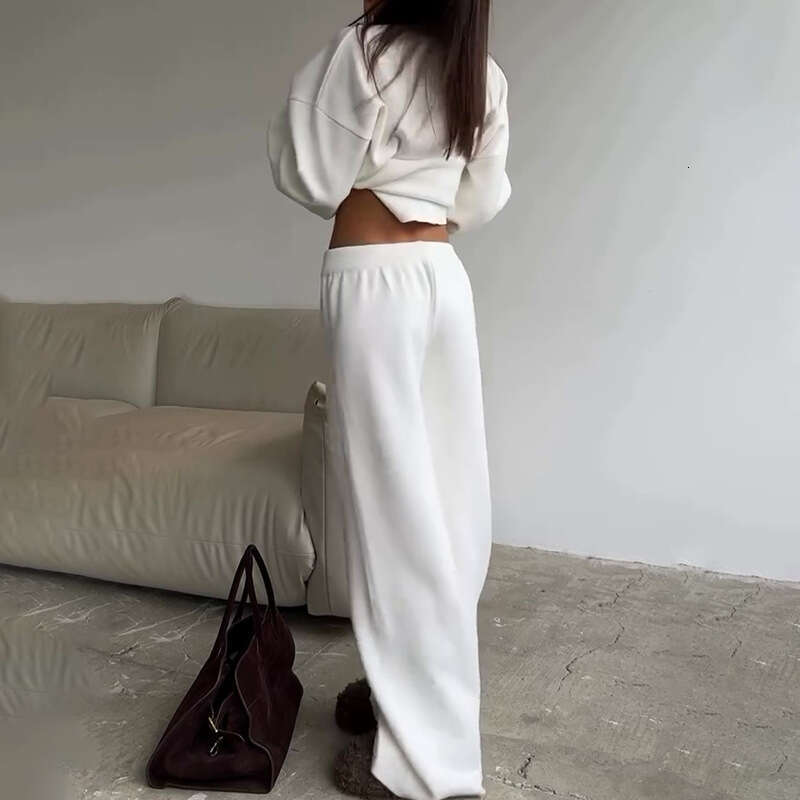 Women's Clothing Spring New Solid Color Round Neck Fashion Casual Wide Leg Pants Sweater Set For Women B5