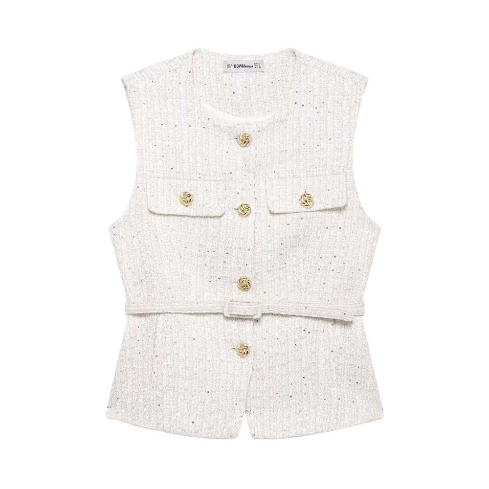 TRAFZA Spring Elegant Metal Button Sleeveless Round Neck Slim Fit Jacket Women Belt Decorated Beaded Vest B5