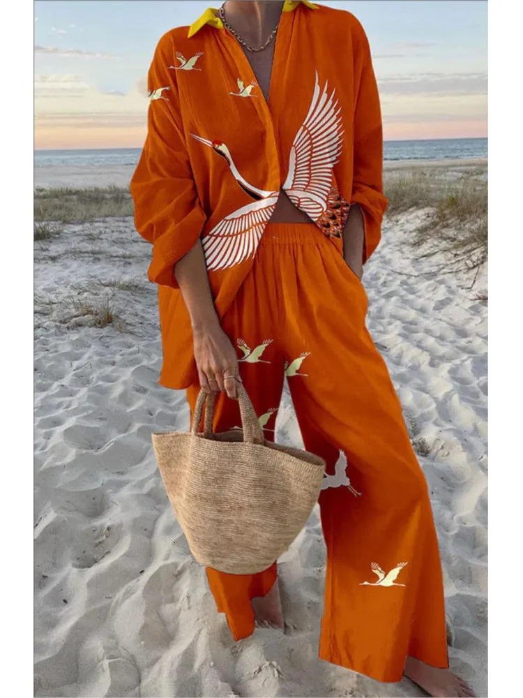 Women Print Lapel Shirt 2-Piece Set Summer Vacation Style Cruise Lace Up Wide Leg Pants Female Casual Beach Holiday Set 250714