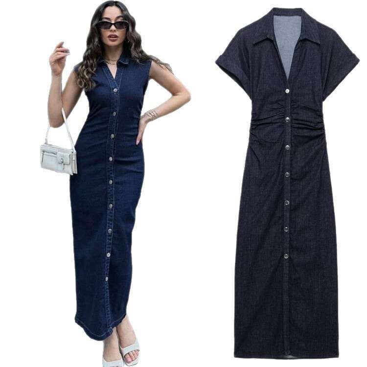 TRAFZA Spring/Summer New Women's Denim Midi Dress B5