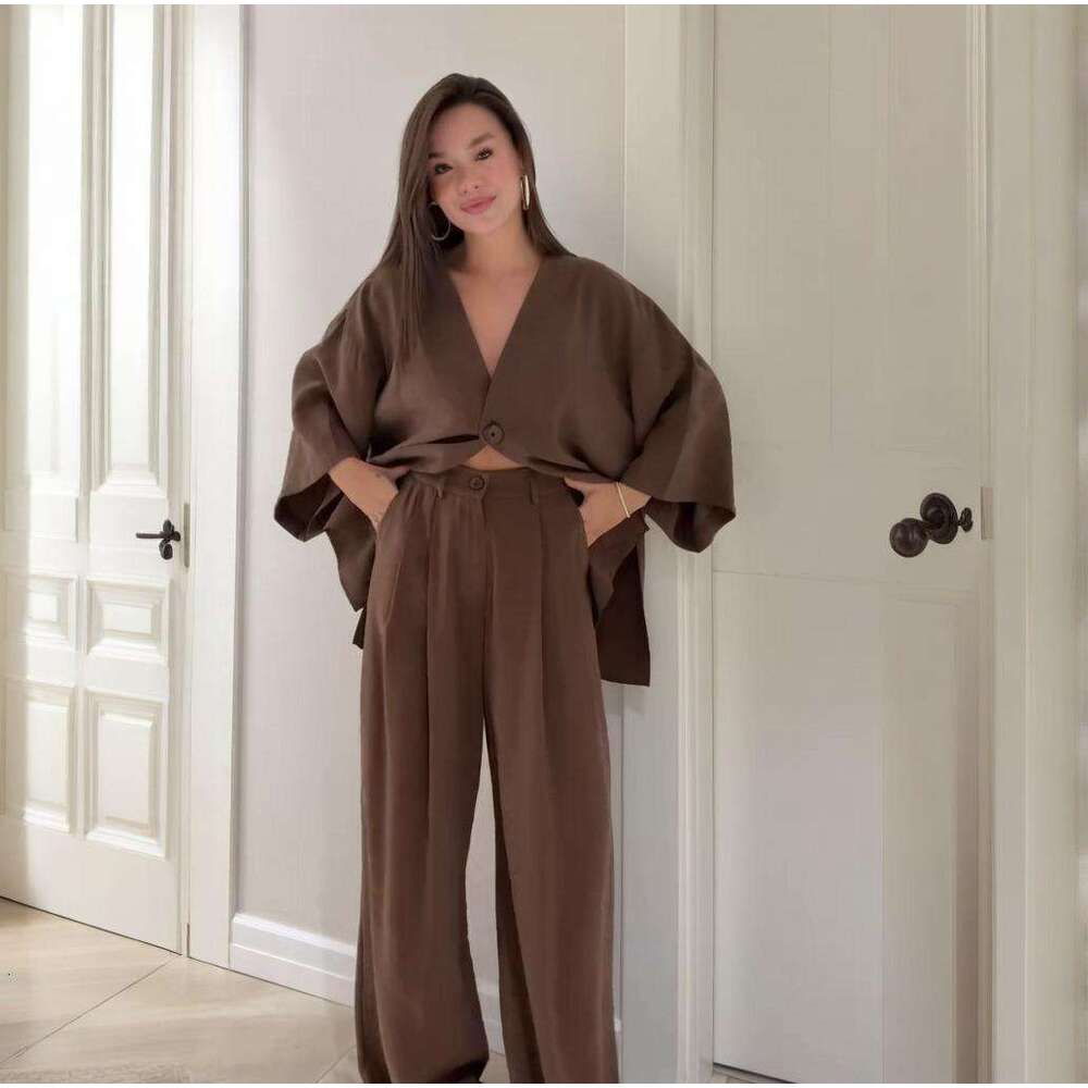 Spring New Women's Belt Solid Color Wide-Leg Pants Elegant Commuter Fashion Set B5