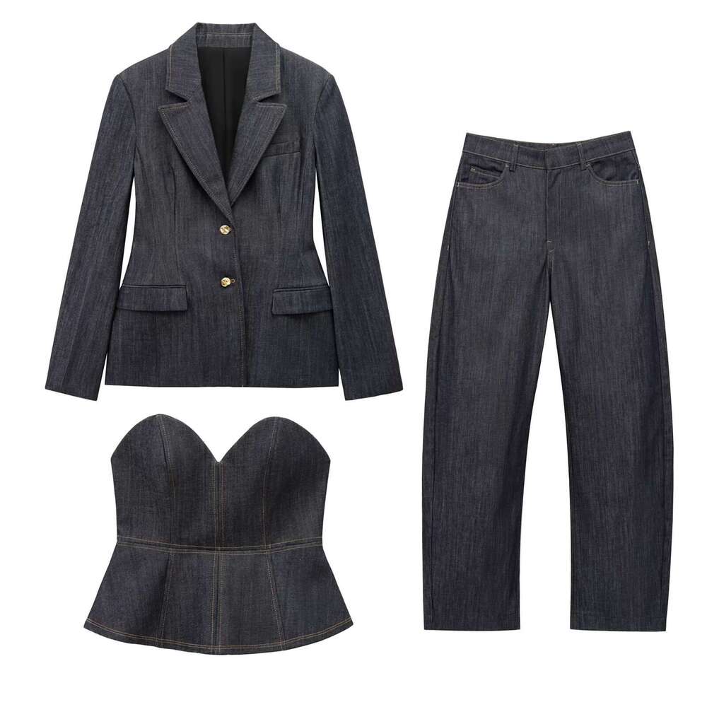 TRAFZA Women's New Denim Blazer Short Skirt Hem Bustier Long Pants Set B5