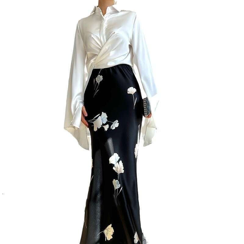 Women's Clothing Spring New POLO Collar Satin Shirt Elegant Half Skirt Set B5