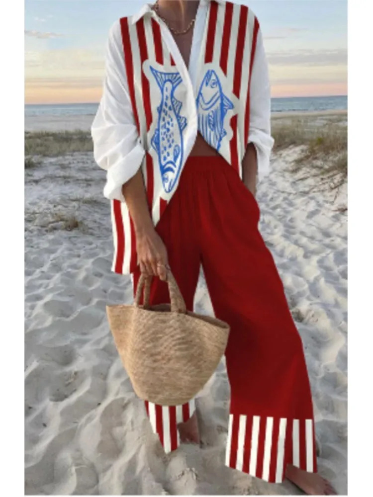 Women Print Lapel Shirt 2-Piece Set Summer Vacation Style Cruise Lace Up Wide Leg Pants Female Casual Beach Holiday Set 250714