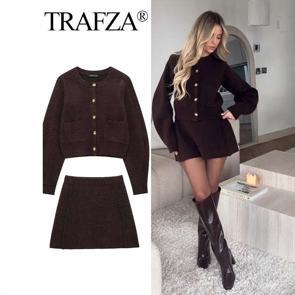 TRAFZASHEIN Women's Round Neck Long Sleeve Knitted Jacket High Waist Mini Skirt Casual Set B5