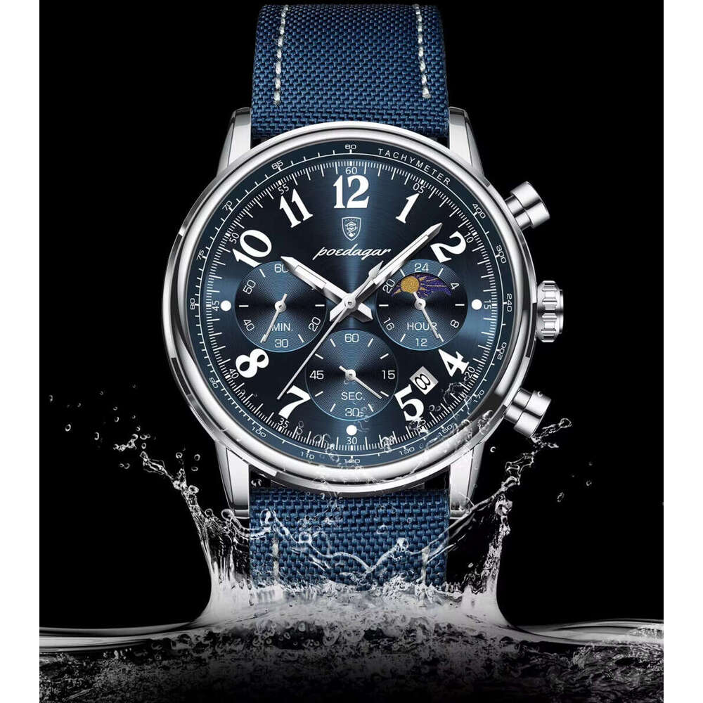 DHgargets Men's Multifunction Watch - 30M Waterproof Chronograph with Moon Phase & Date, Rose Gold Accent Canvas Strap (Model 808)