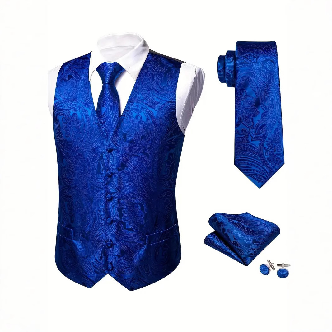 Golden black silk mens vest tie pocket square cufflinks set jacquard waistcoat sleeveless jacket mens wedding business Barry. King 240814