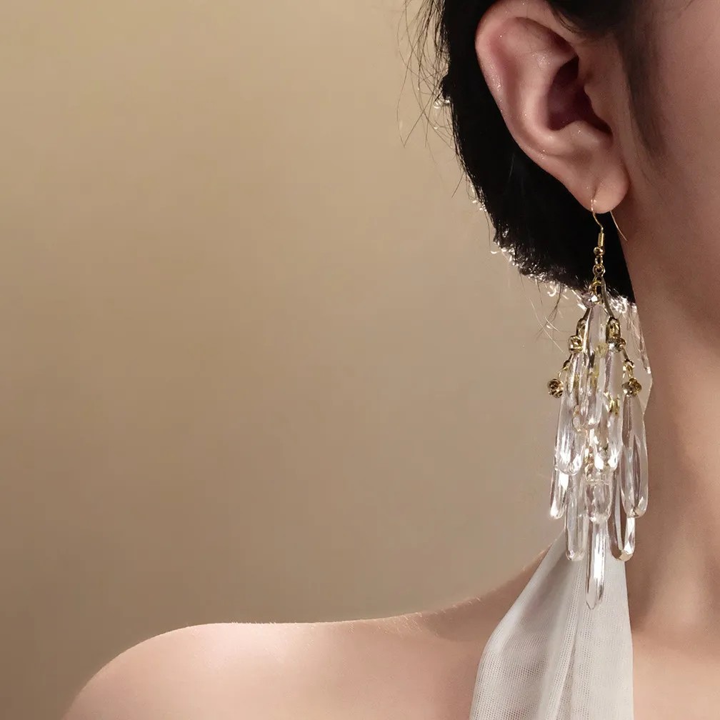 Dreamy White Crystal Long Tassel Earrings for Women - Light Luxury, Elegant & High - End, Face - Slimming Fashion Earrings