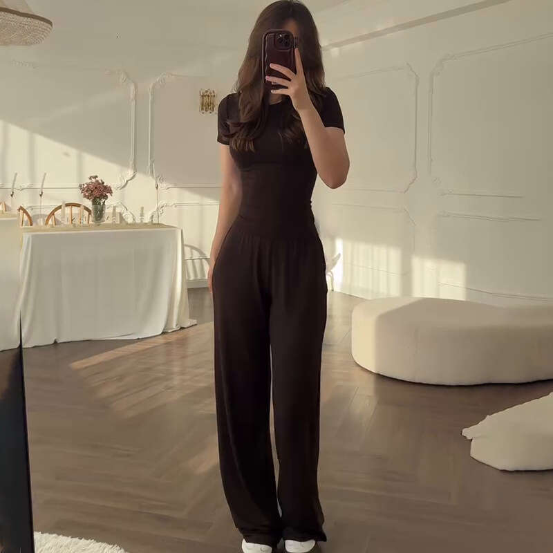 Summer New Women's Round Neck Solid Color Wide Leg Pants Elegant Commuting Fashion Set B5