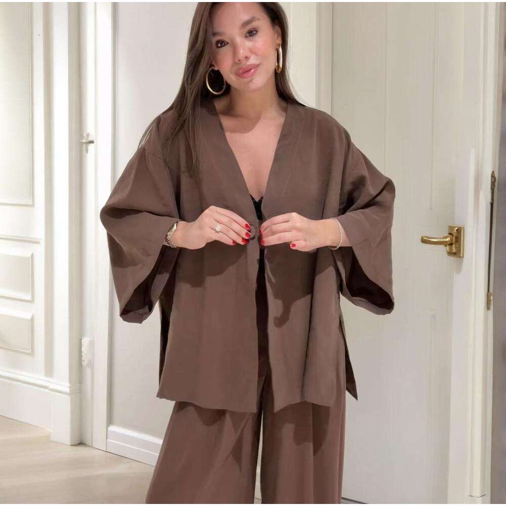 Spring New Women's Belt Solid Color Wide-Leg Pants Elegant Commuter Fashion Set B5