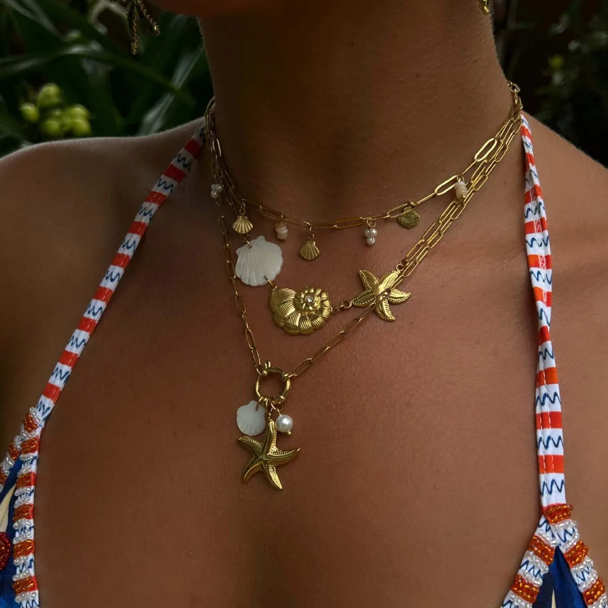 HangZhi Fashionable Beach Starfish Conch Pearl Shell Necklace Stainless Steel Pendant Charms Summer Jewelry for Women 250711