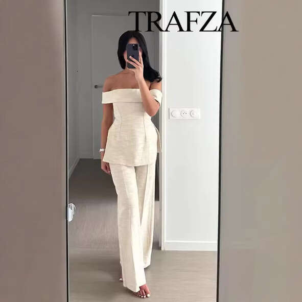 TRAFZA Women's INS Side Slit Off-Shoulder Top And Long Pants Set B5
