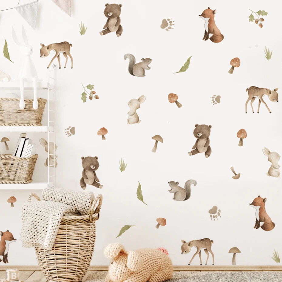 Watercolor Woodland Animals Bear Deer Leaf Wall Stickers for Kids Room Bedroom Living Room Home Decoration Wall Decals Murals 250715