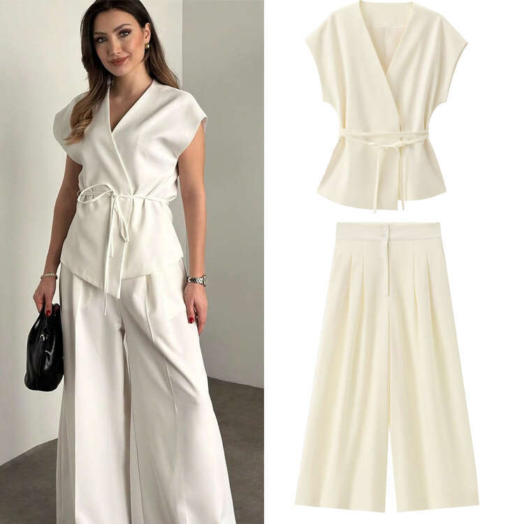 TRAFZA Spring Summer New Style Women's Fashionable Casual Sleeveless Double-Breasted Vest And Pleated Pants Set B5