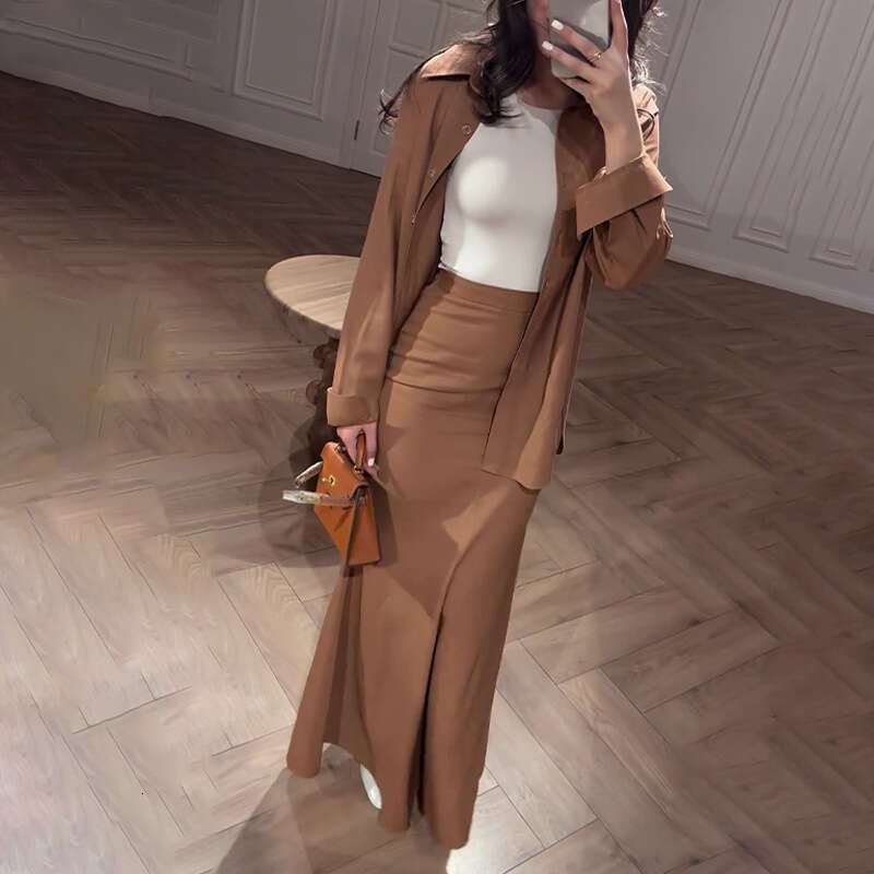 Comfortable Casual Loose Sleeve Shirt Elastic Waist Long Skirt Two-Piece For Women Solid Color Summer New Thin Set B5