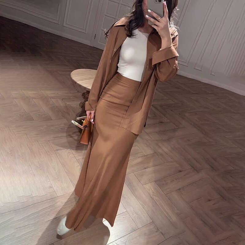 Comfortable Casual Loose Sleeve Shirt Elastic Waist Long Skirt Two-Piece For Women Solid Color Summer New Thin Set B5