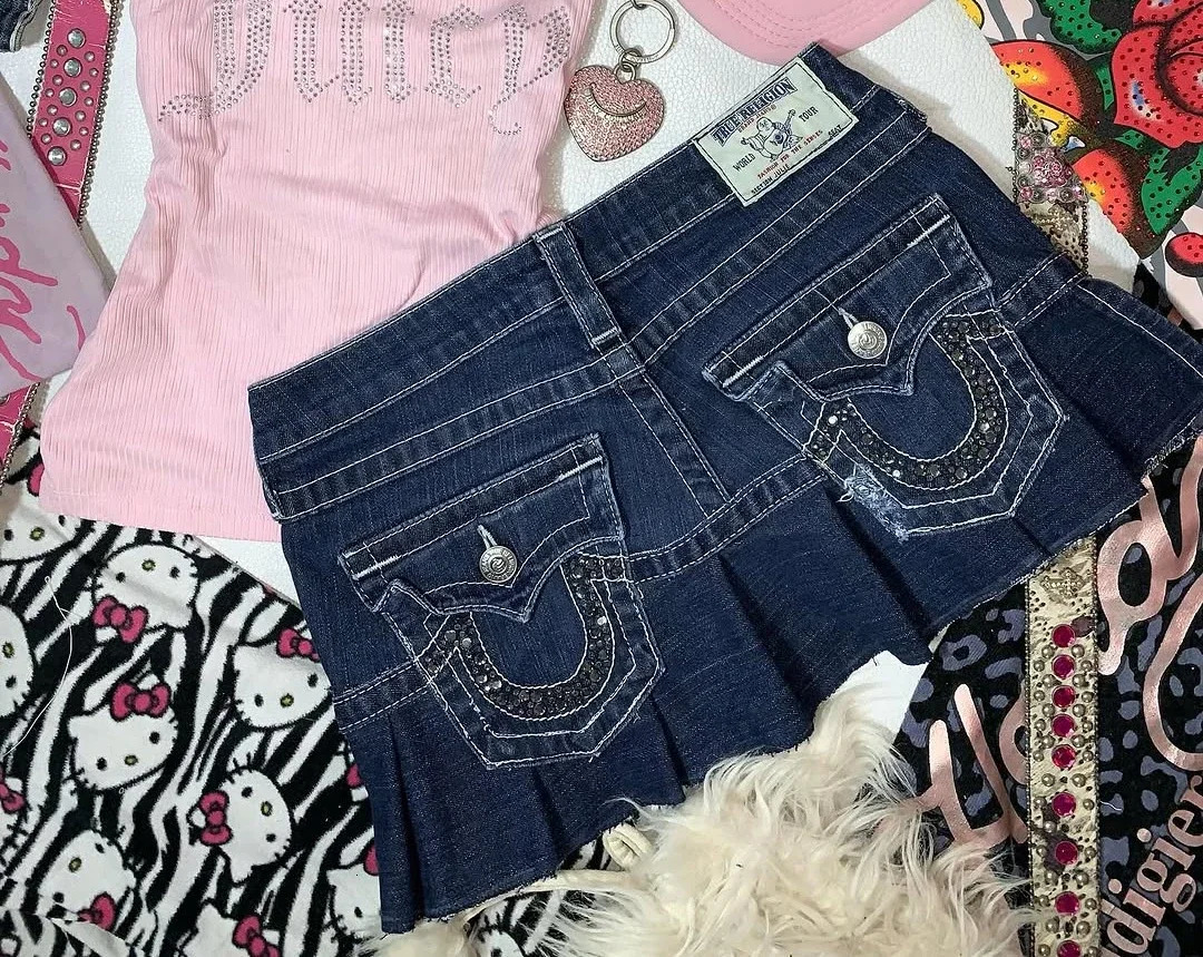 Blue Retro Goth Skirt Embroidered Pocket Patchwork Y2k Denim Mini with High Waist and Hip Bag Harajuku Streetwear Skirts 250714