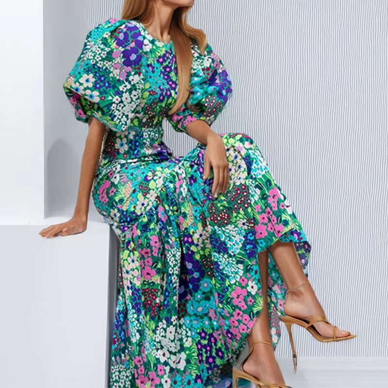 VEITCHE Summer Elegant Women Blue Flower Print Lantern Sleeve And Ankle Slim Bodycon O-neck Pastoral Style Party Dress dongdumaoyi