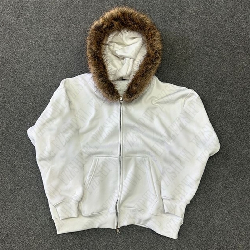Y2K Zip up Hoodie Solid color Plush Coat Men Clothes Fur collar Hip Hop Streetwear Harajuku American Style Hooded Sweatshirt Top 250714