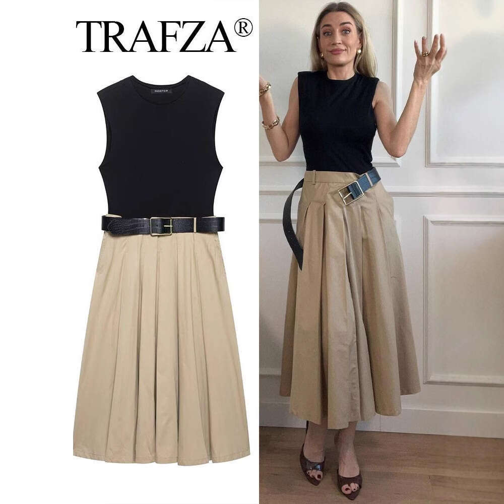 TRAFZA Summer Women's Round Neck Belted Satin Feel Long Dress B5