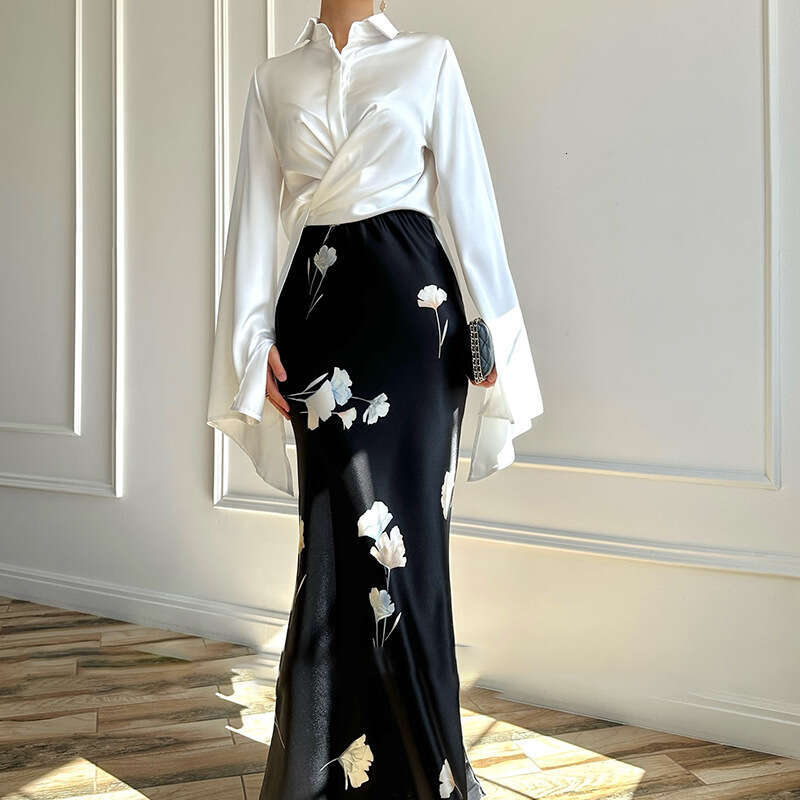 Women's Clothing Spring New POLO Collar Satin Shirt Elegant Half Skirt Set B5