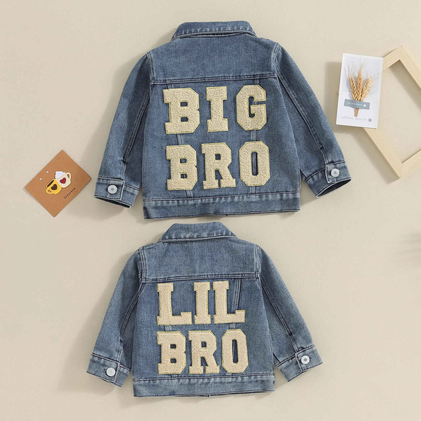 FOCUSNORM 0-5Y Toddler Kids Girls Boys Sister/Brother Denim Jacket Long Sleeve Back Letter Embroidery Single Breasted Coats 250715