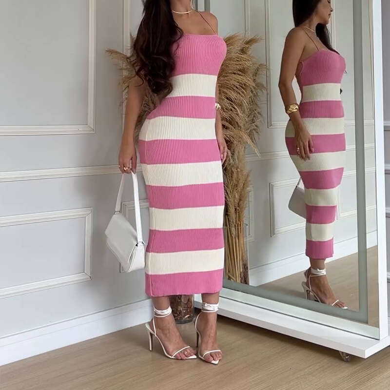 Summer New Knitted Sexy Color Block Fashion Vacation Beach Long Dress Women's Clothing B5