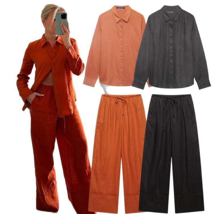 TRAFZA Spring Summer New Style Women's Fashion Casual Turn-Down Collar Long Sleeve Shirt Wide-Leg Pants Set B5