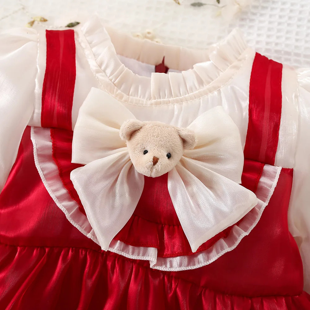 Spring and Autumn Bow Little Bear Girl Princess Dress Sweet Childrens Long sleeved Clothes 0-3 Years Old 250715