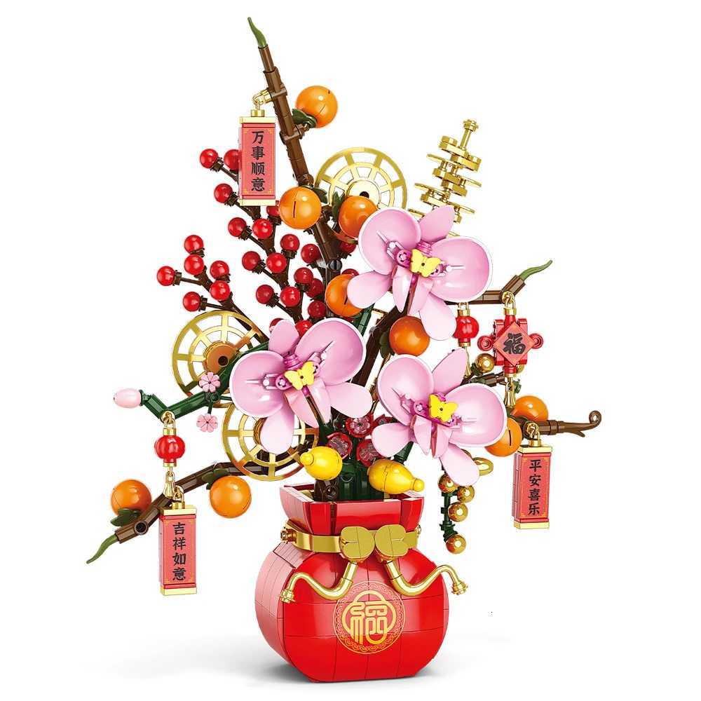 City Creativity Flower Bouquet Peach Blossom Narcissus Bonsai Potted Plant Building Blocks Model Home Decoration Toy For Kids W250715