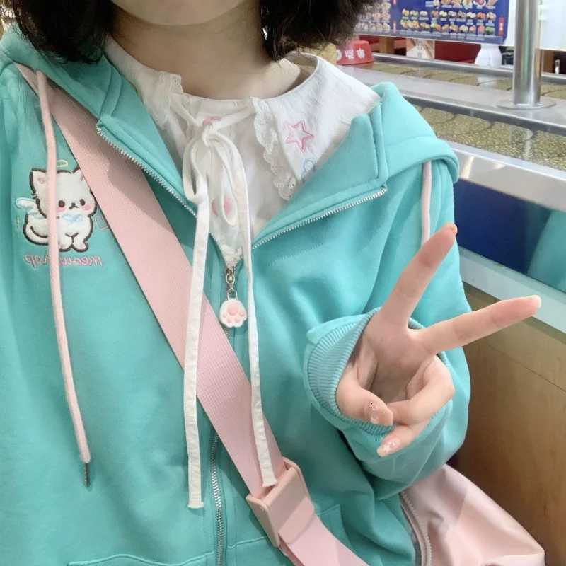 Lake Grn Embroidery Cat Zipper Coats Women Loose Sweatshirts Japanese Long Slve Cute Swt Ear Hooded Sudaderas Y2k Harajuku X2507151