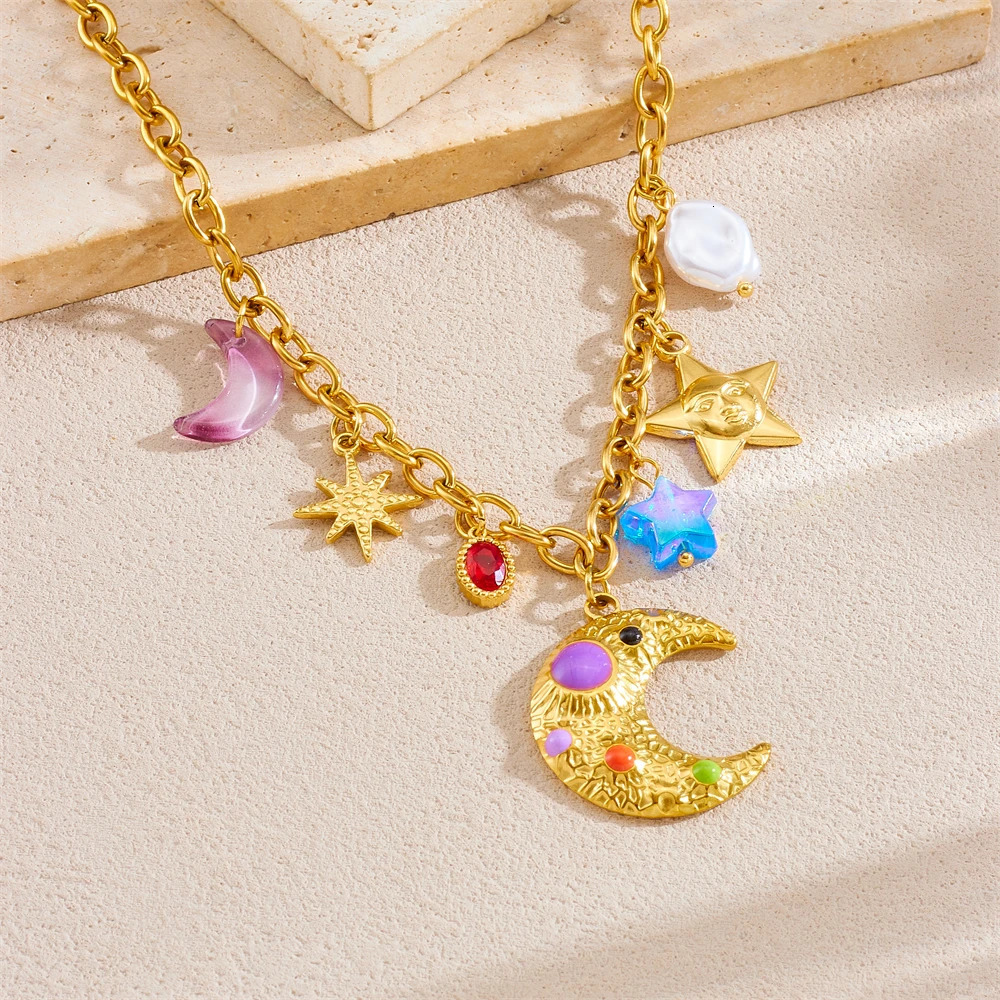 DIEYURO 316L Stainless Steel Colorful Enamel Moon Stars Multi Pendant Necklace Lady Fashion Neck Chain Waterproof Jewelry Gif 250711
