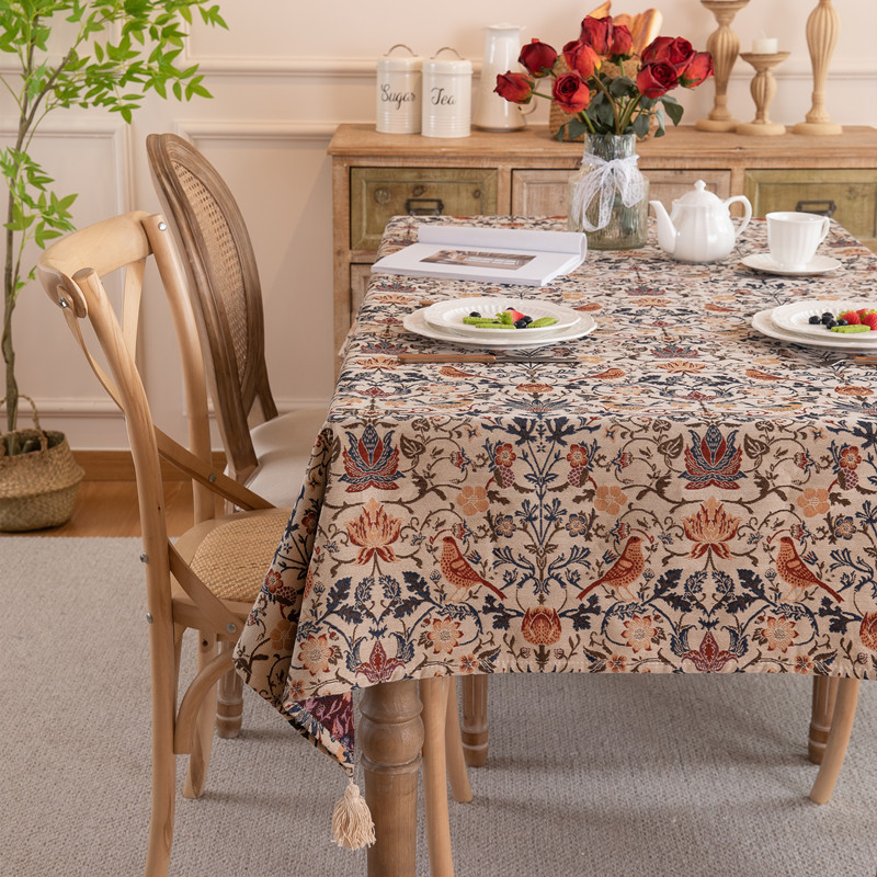 Premium tablecloth retro thickened polyester cotton color woven jacquard flower fringed rectangular coffee table tablecloth dining table cloth