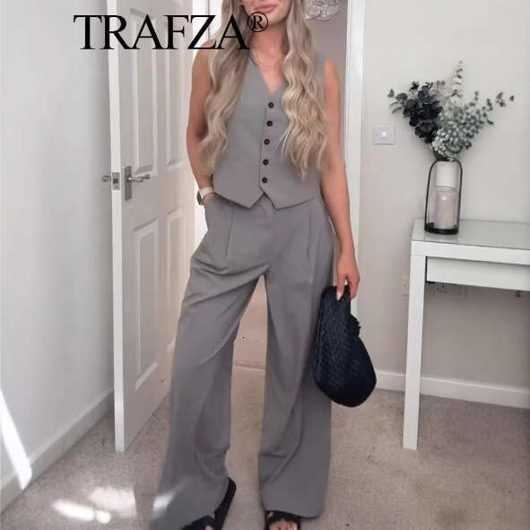 TRAFZA Autumn Versatile Fashion New Tie Strap Vest + Double Pleated Pants Women's Clothing B5