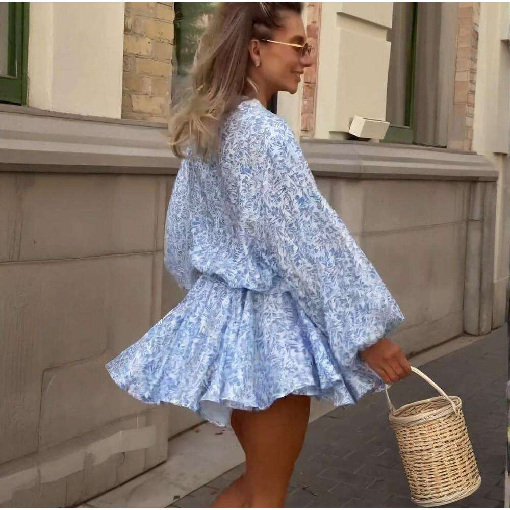 Summer New Women's Floral Single-Breasted Tie Slim Short Dress B5