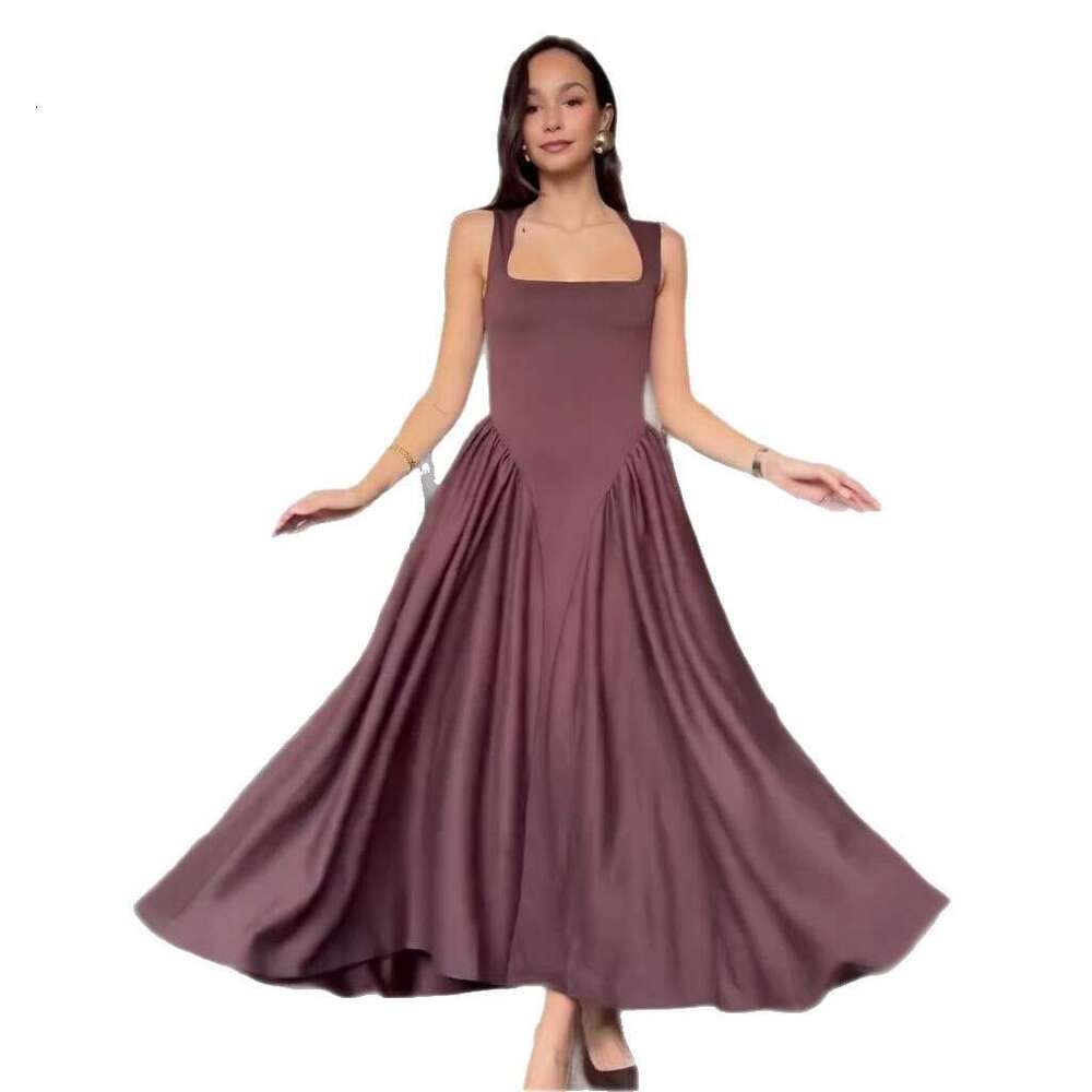 Summer New Women's Fashion Square Neck Sexy Sleeveless Ruched Elegant Slim Dress B5