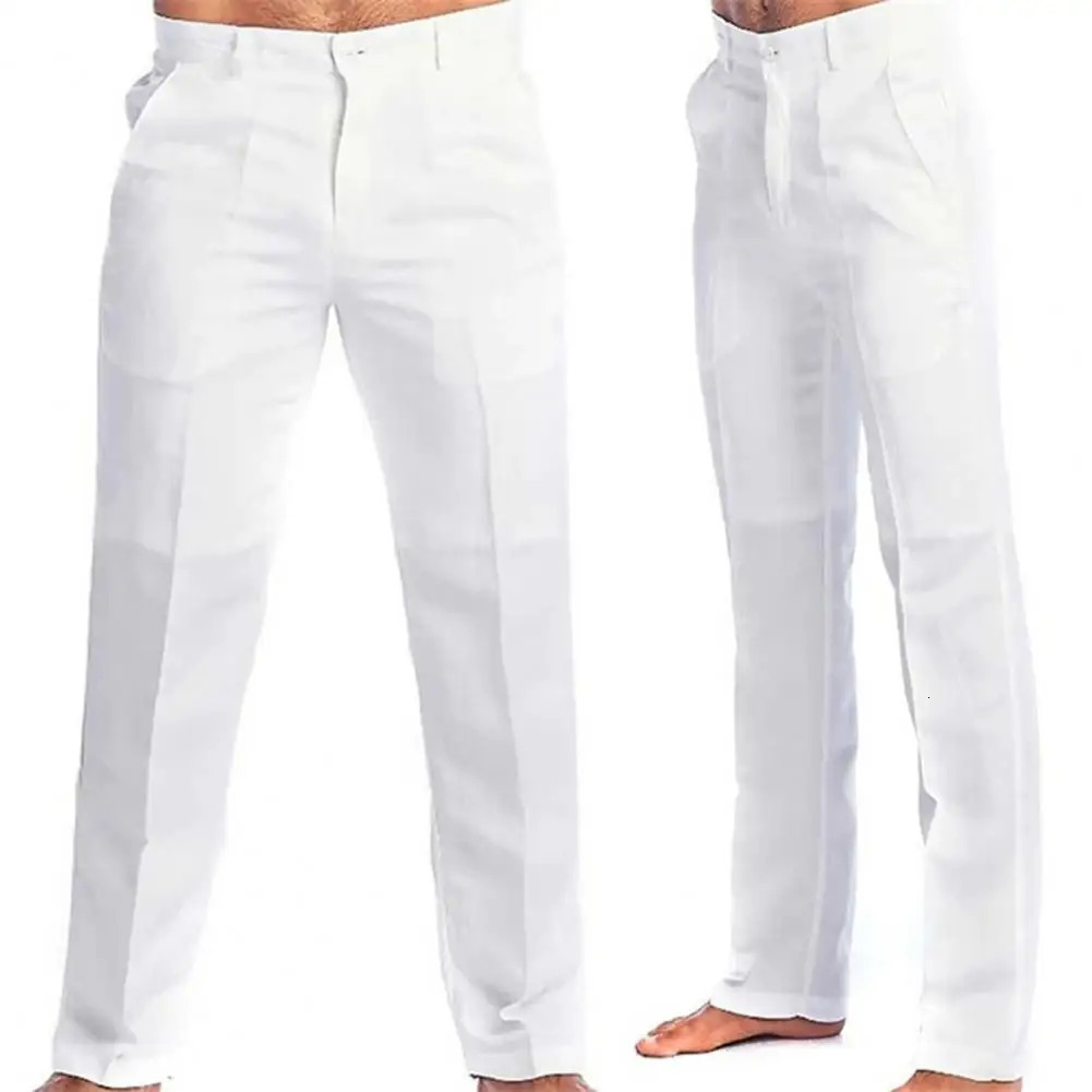 2023 Mens Stand Pocket Casual Linen Pants Solid White Gray Trouser Plus Size 3xl Elegant Fashion Sweatpants Men Streetwear 250714