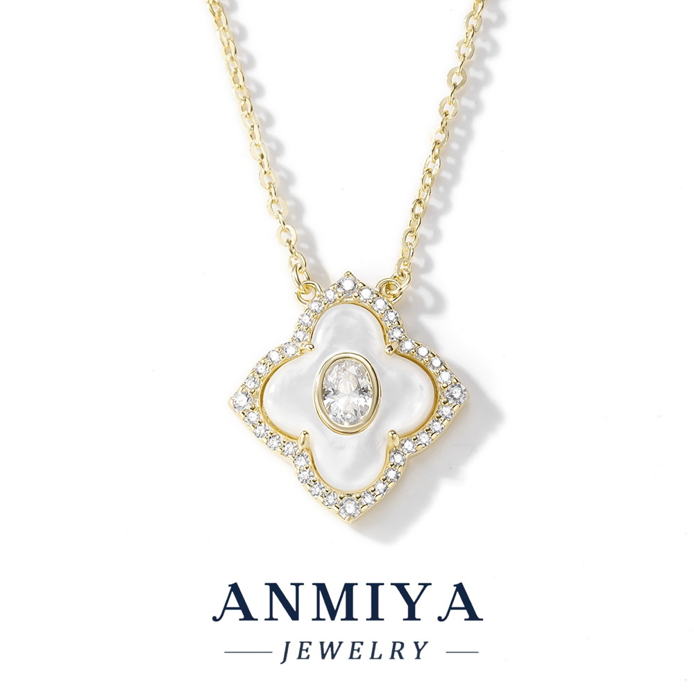 Unisex 925 Sterling Silver Four Leaf Clover Pendant Necklace Customizable with White Shell and Zircon for Engagement