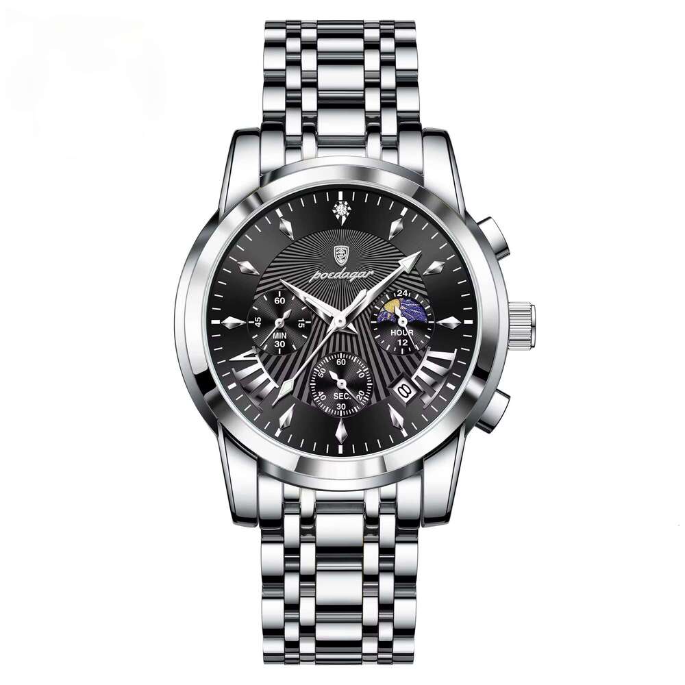 DHwatches Men's Multifunction Quartz Watch - 50M Waterproof Chronograph with Moon Phase & Date, Stainless Steel (Model 813)