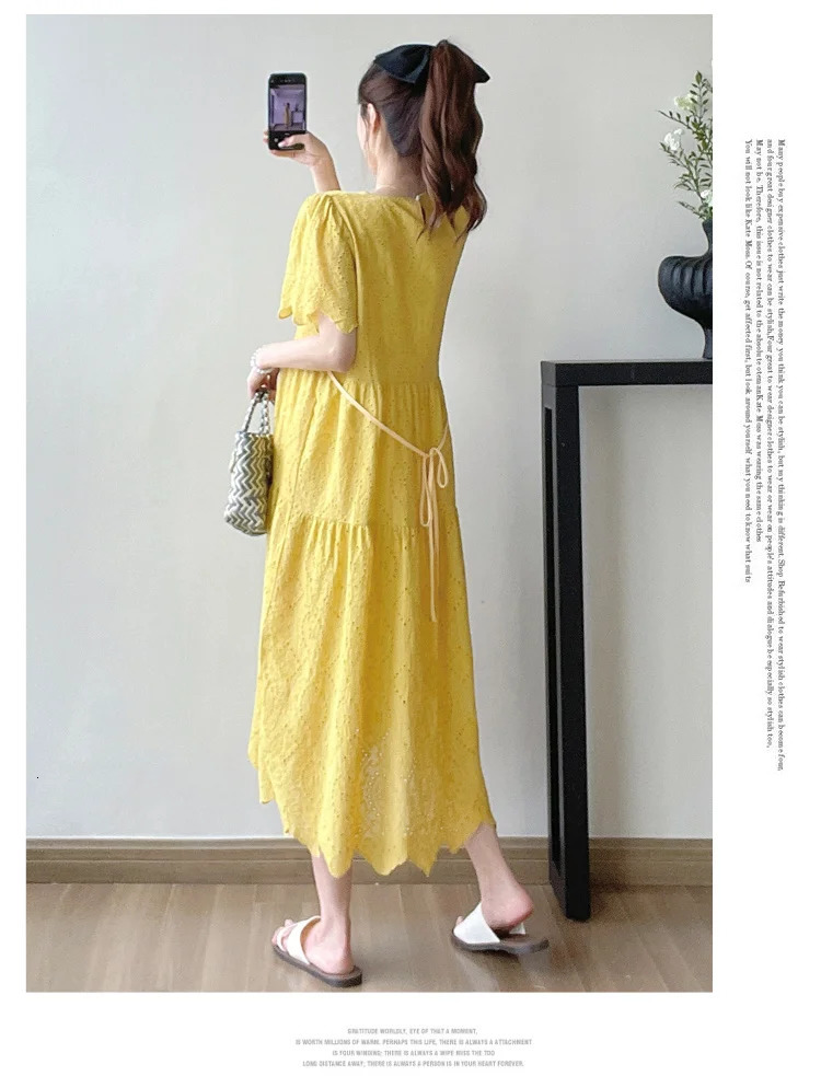 Pregnant Woman Lace Dress Summer Short Sleeve O-Neck Hollow Out Maternity Cotton Dress Sweet Long Loose Princess Clothes 250715