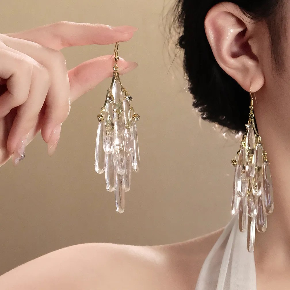 Dreamy White Crystal Long Tassel Earrings for Women - Light Luxury, Elegant & High - End, Face - Slimming Fashion Earrings