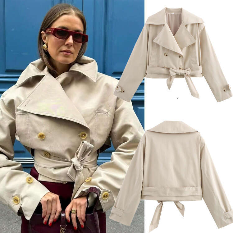 TRAFZA Fashion Versatile Belted Long Sleeve Trench Coat Jacket Top Spring Autumn New Arrival B5