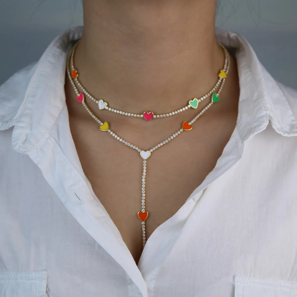 Summer Arrived Candy Enamel Heart Charm Choker Chain Long Y Lariat Necklaces For Sexy Women Girl Party Wedding Jewelry 250711