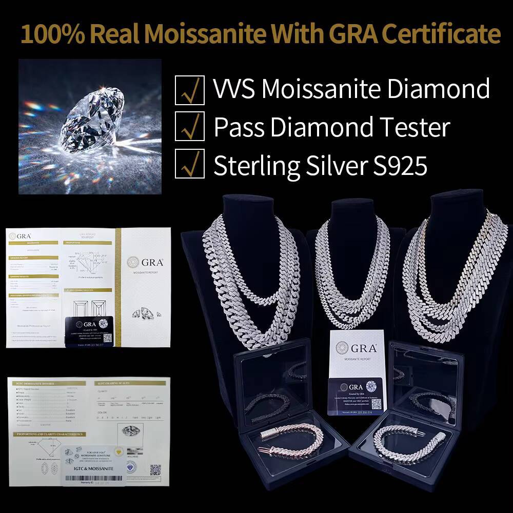 Hiphop Jewelry Cuban Link Chain Rhodium Plated Miami 925 Silver Necklace Moissanite Cuban Link Chain