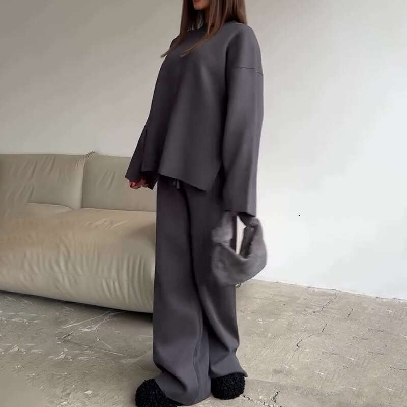 Women's Clothing Spring New Solid Color Round Neck Fashion Casual Wide Leg Pants Sweater Set For Women B5