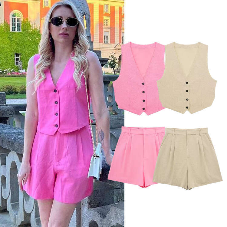TRAFZA Summer New Casual Women's Outfit With Split Vest And Linen Shorts Set B5