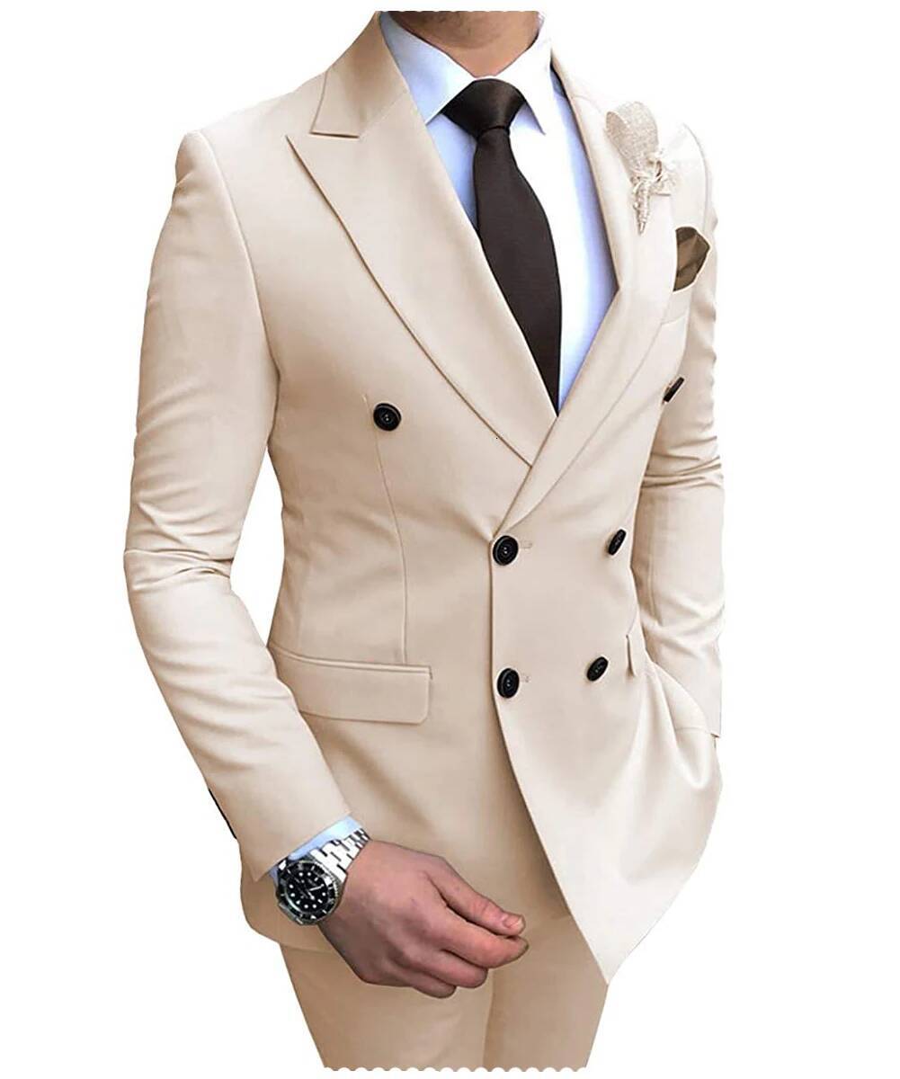 2025 New Beige Men Suit 2 Pieces Double Breasted Notch Lapel Flat Slim Fit Casual Tuxedos For Wedding Blazer Pants