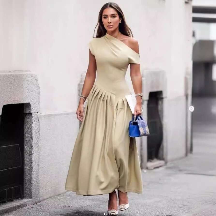 Summer New Style Asymmetrical Shoulder Patchwork Solid Color Sexy Women's Slim Fit Dress B5