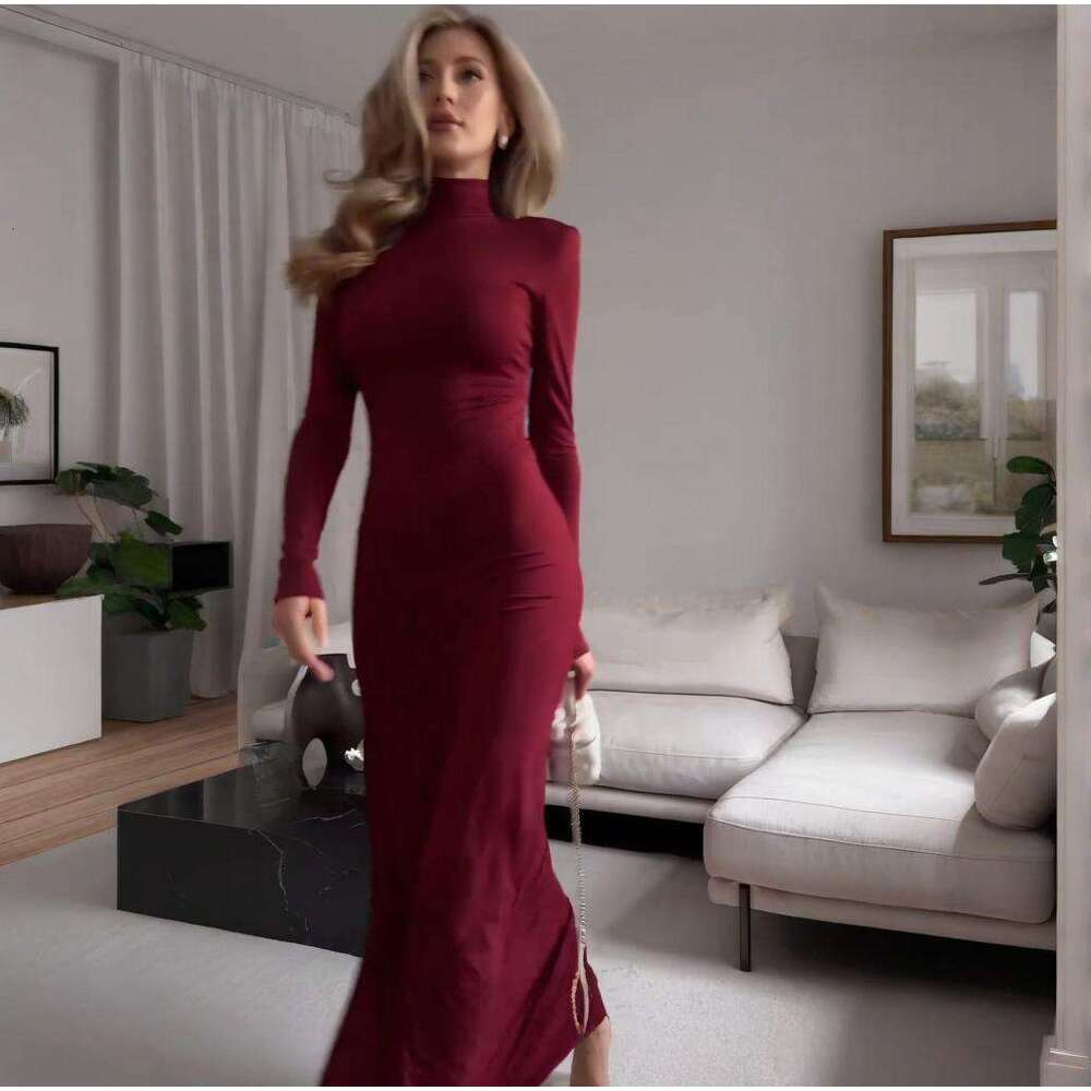 Spring New Women's Solid Color Half High Collar Sexy Waist-Cinching Elegant Fashion Dress B5